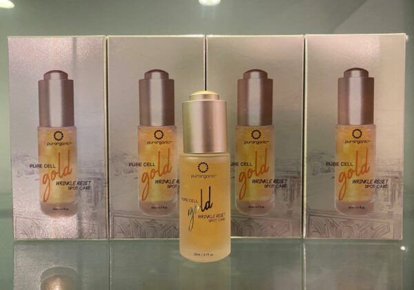 A bottle of skin care product on display.