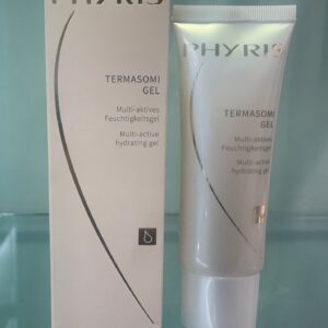 A tube of phyris termaskin gel is sitting next to its box.