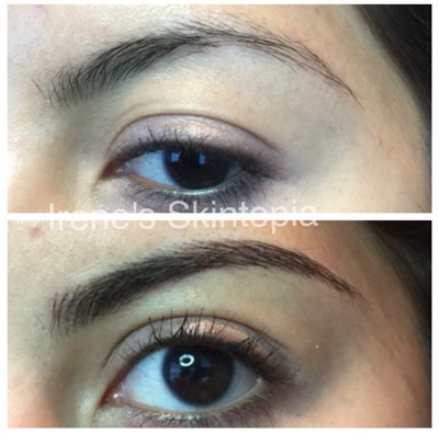 A before and after picture of the eyes with different colored eyeliner.