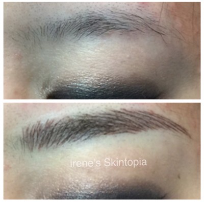 A before and after picture of the brows of a woman.