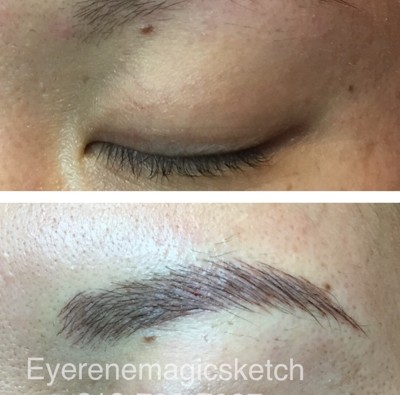 A before and after photo of a woman 's eyebrows.