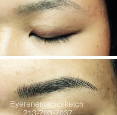A before and after picture of the eyebrows of a woman.
