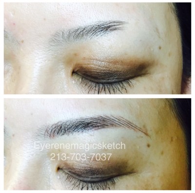 A before and after photo of the brows of a woman.
