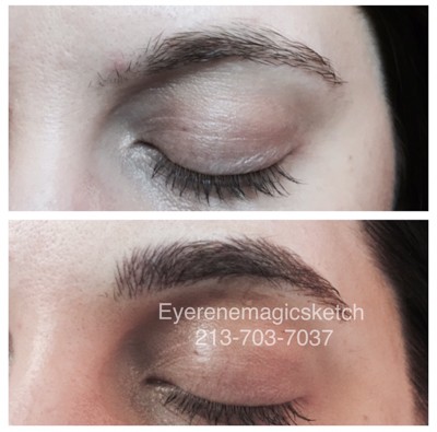 A before and after photo of a woman 's eye
