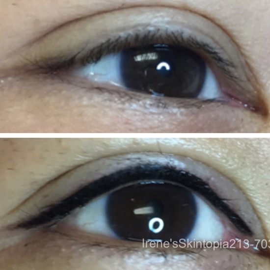 A before and after picture of the eyes with eyeliner.