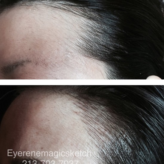 A woman 's head with hair pulled back and before and after
