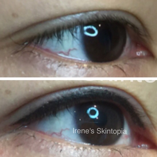A before and after photo of the eyes with dark colored eye makeup.