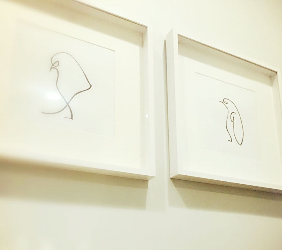 Two framed drawings of a bird and a snake.