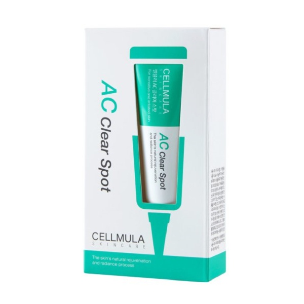 A tube of celumula ac clear spot is shown in its packaging.